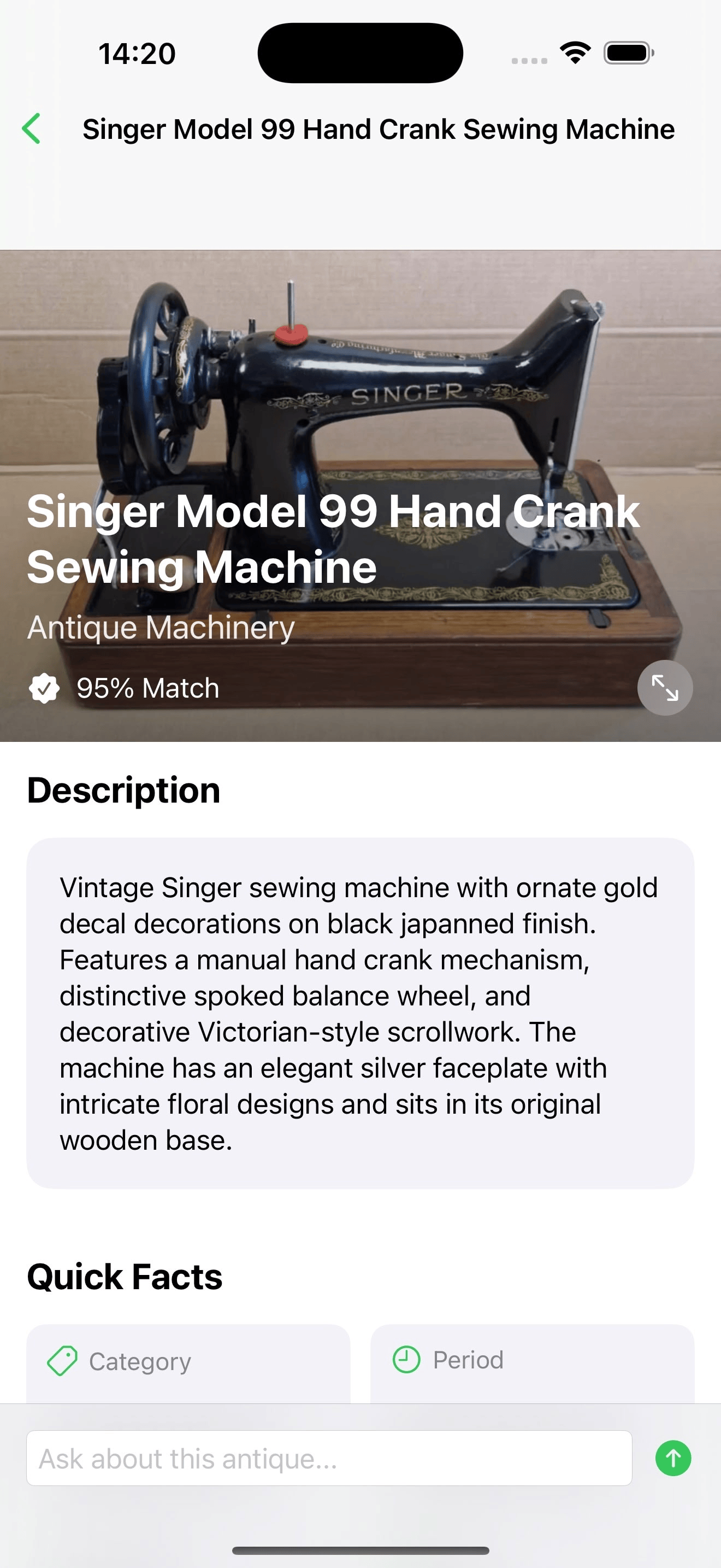 Antikr AI chat interface with follow-up questions about an identified antique